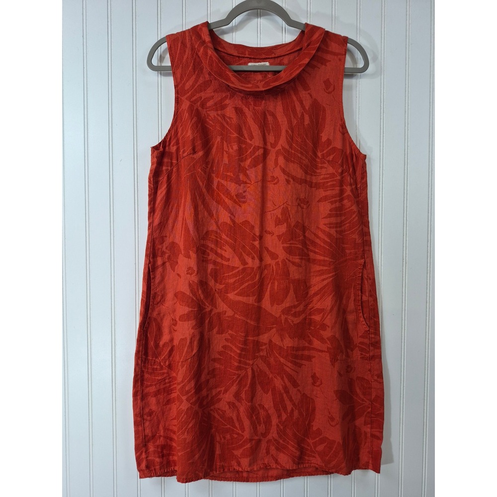 Lina Tomei Rust Orange 100% Linen Tropical Leaf Print Cowl Neck Shift Dress M